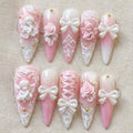 Angelic Pink Ombre Press On Nails | 3D Rococo Cherub & Ribbon Bows | Coquette Corset Design