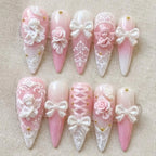 Angelic Pink Ombre Press On Nails | 3D Rococo Cherub & Ribbon Bows | Coquette Corset Design