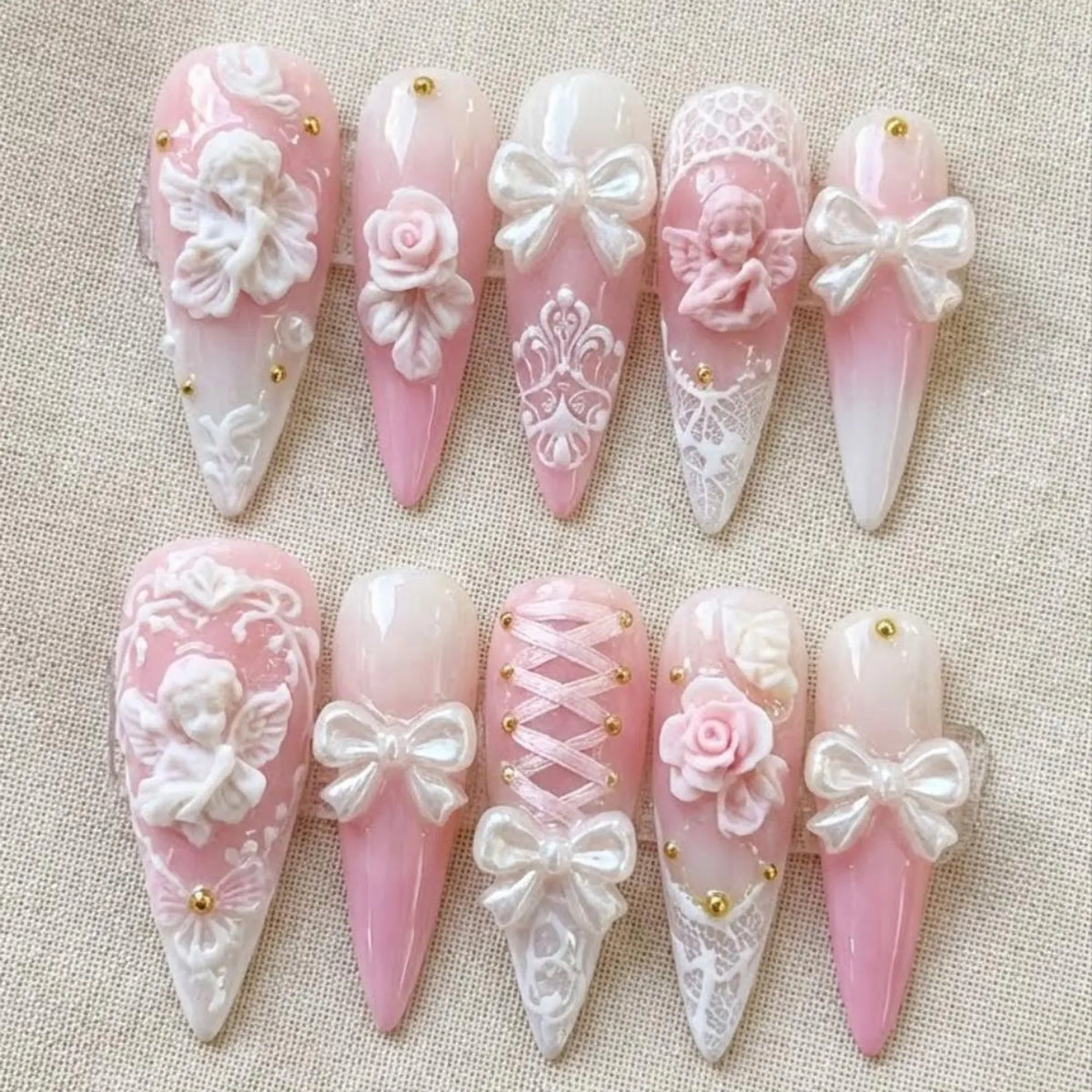 Angelic Pink Ombre Press On Nails | 3D Rococo Cherub & Ribbon Bows | Coquette Corset Design