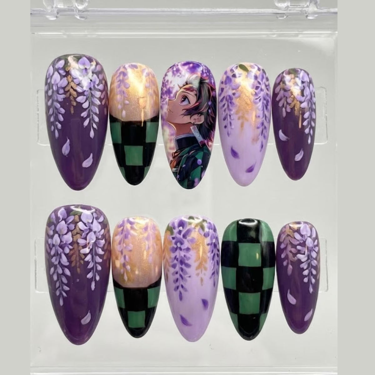 Tanjiro Nails | Demon Slayer Press On Nails Stiletto | Kimetsu no Yaiba Anime | Purple Wisteria Green Checkered