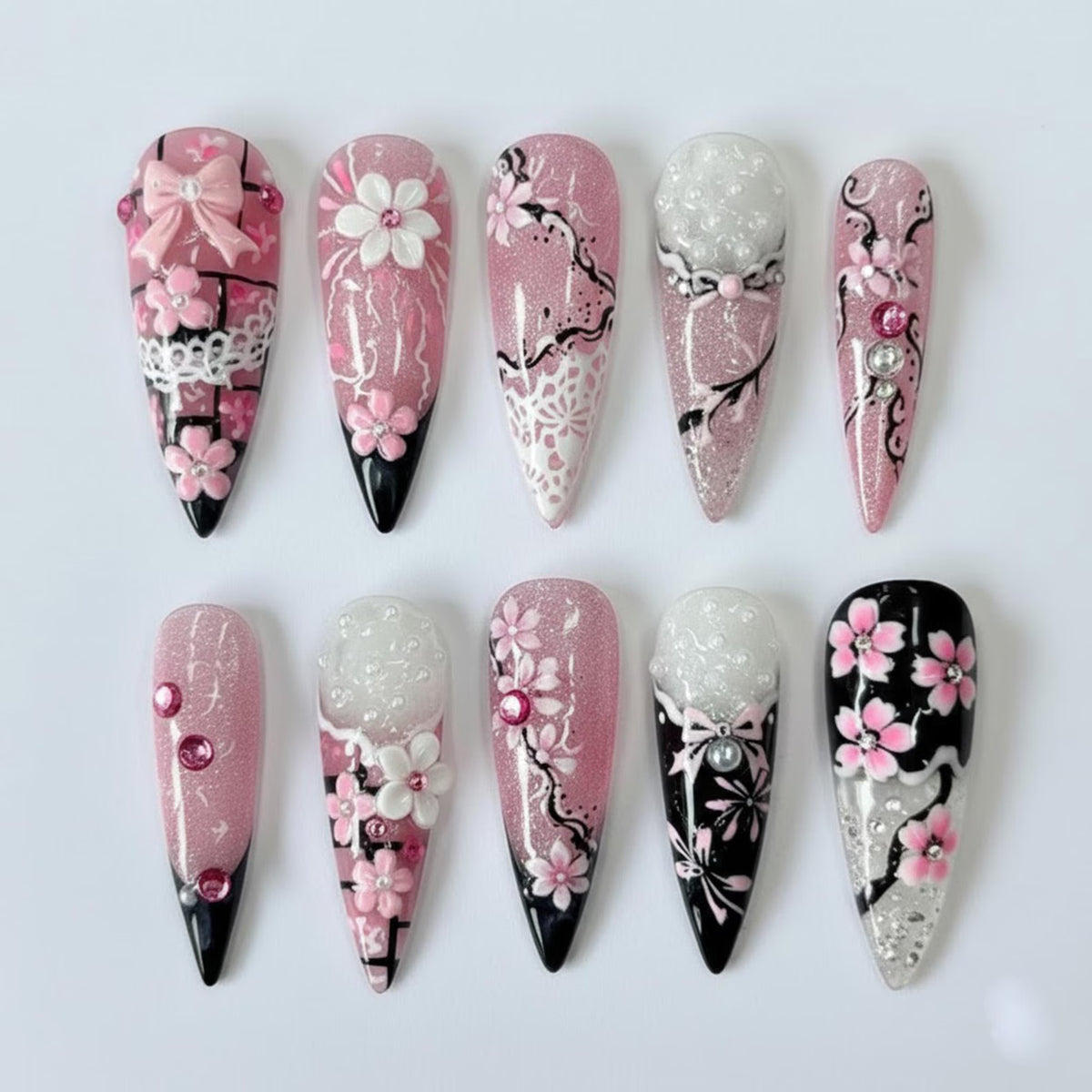 Elegant Pink Blossom Press On Nails: 3D Flower and Lace Art, Black & Pink Design