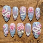 Pastel Snake and Floral Nail Art, 3D Flower Design with Pearls, Soft Blue and Pink Press On Nails, Elegant Handmade Nail Set