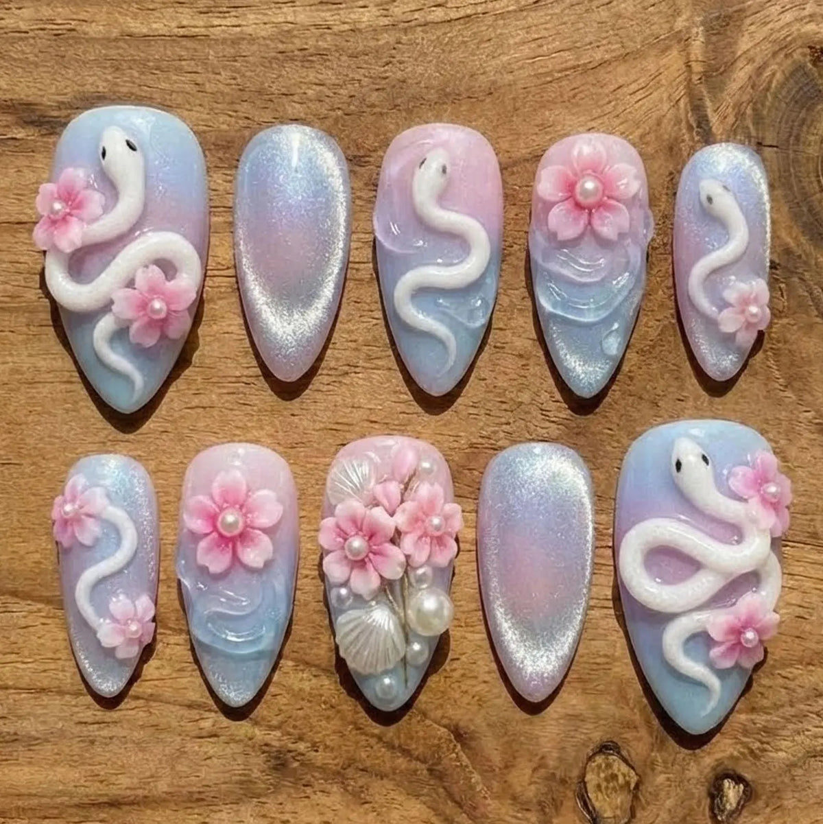 Pastel Snake and Floral Nail Art, 3D Flower Design with Pearls, Soft Blue and Pink Press On Nails, Elegant Handmade Nail Set