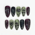 Handmade Gothic Floral Press On Nails, Dark Flower & Mushroom Art- Wine Purple Moss Green Palette, Almond Nails Mystic Vibes