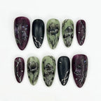 Handmade Gothic Floral Press On Nails, Dark Flower & Mushroom Art- Wine Purple Moss Green Palette, Almond Nails Mystic Vibes