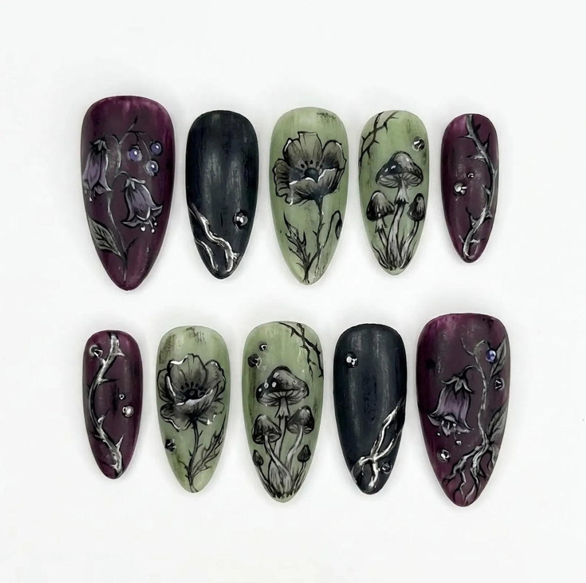 Handmade Gothic Floral Press On Nails, Dark Flower & Mushroom Art- Wine Purple Moss Green Palette, Almond Nails Mystic Vibes
