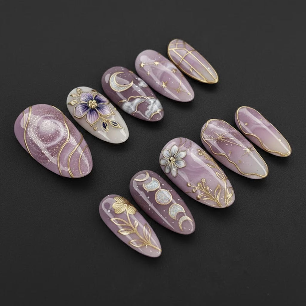 Handmade Lavender Celestial Press On Nails | Purple Marble, Gold Moon Phase & Floral Art | Oval Set