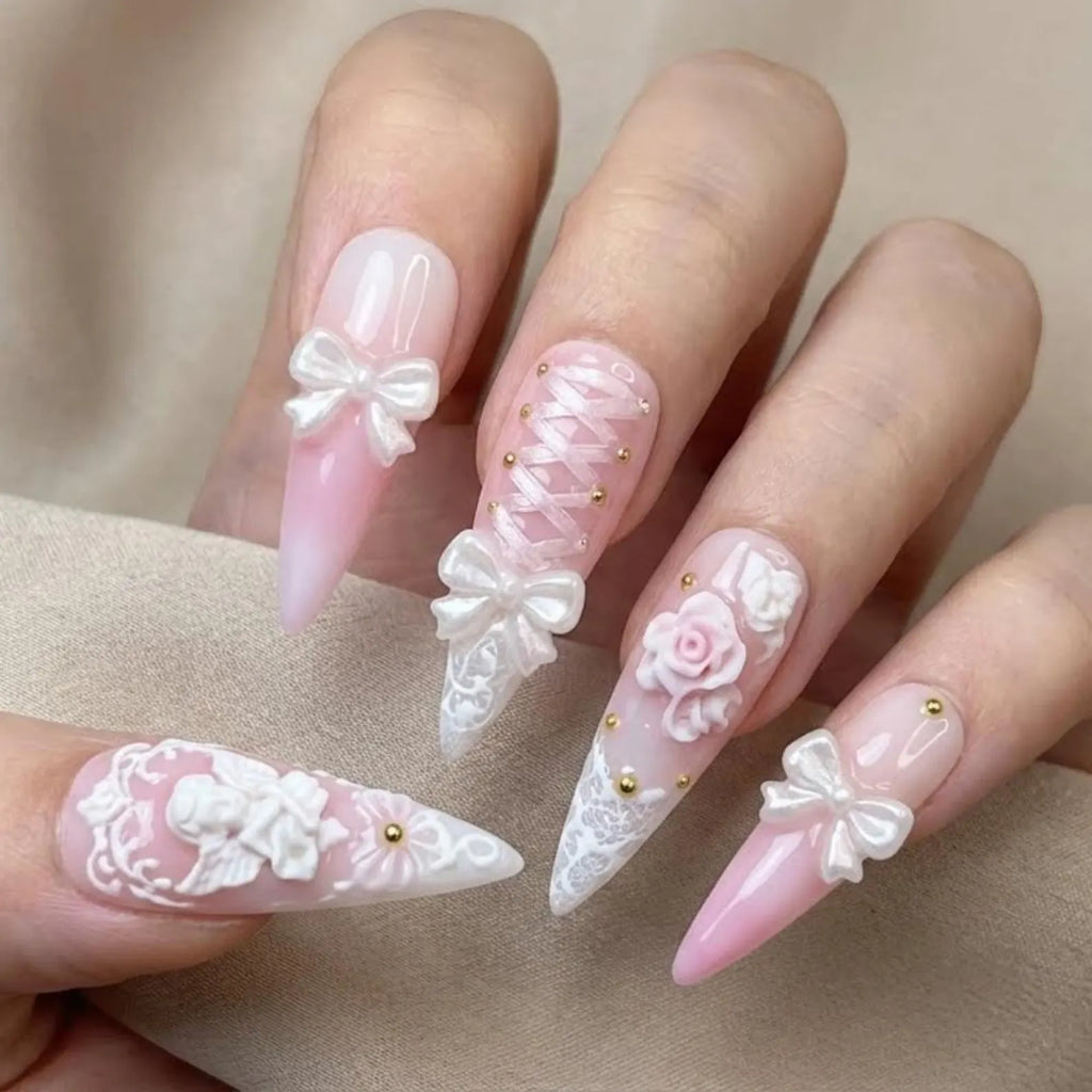 Angelic Pink Ombre Press On Nails | 3D Rococo Cherub & Ribbon Bows | Coquette Corset Design