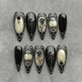 Black Gothic Press On Nails: 3D Rose & Insect Design, Vintage Ornate Frames for Unique Nail Art