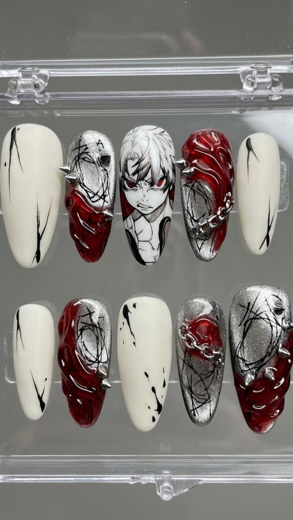Almond Anime Press on Nails | Red & Silver Goth Punk Design