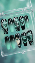 Handmade Anime Press On Nails | Green Ombre, 3D Katana Design