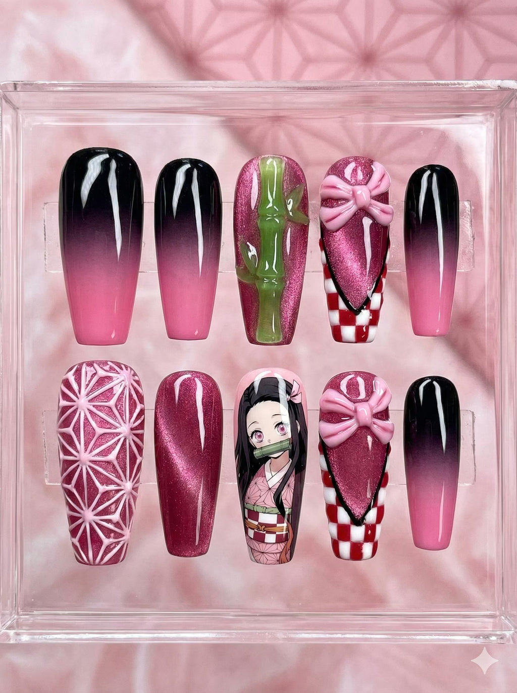 Handmade Nezuko Press On Nails | Anime 3D Bamboo, Pink Ombre Coffin Shape