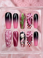 Handmade Nezuko Press On Nails | Anime 3D Bamboo, Pink Ombre Coffin Shape