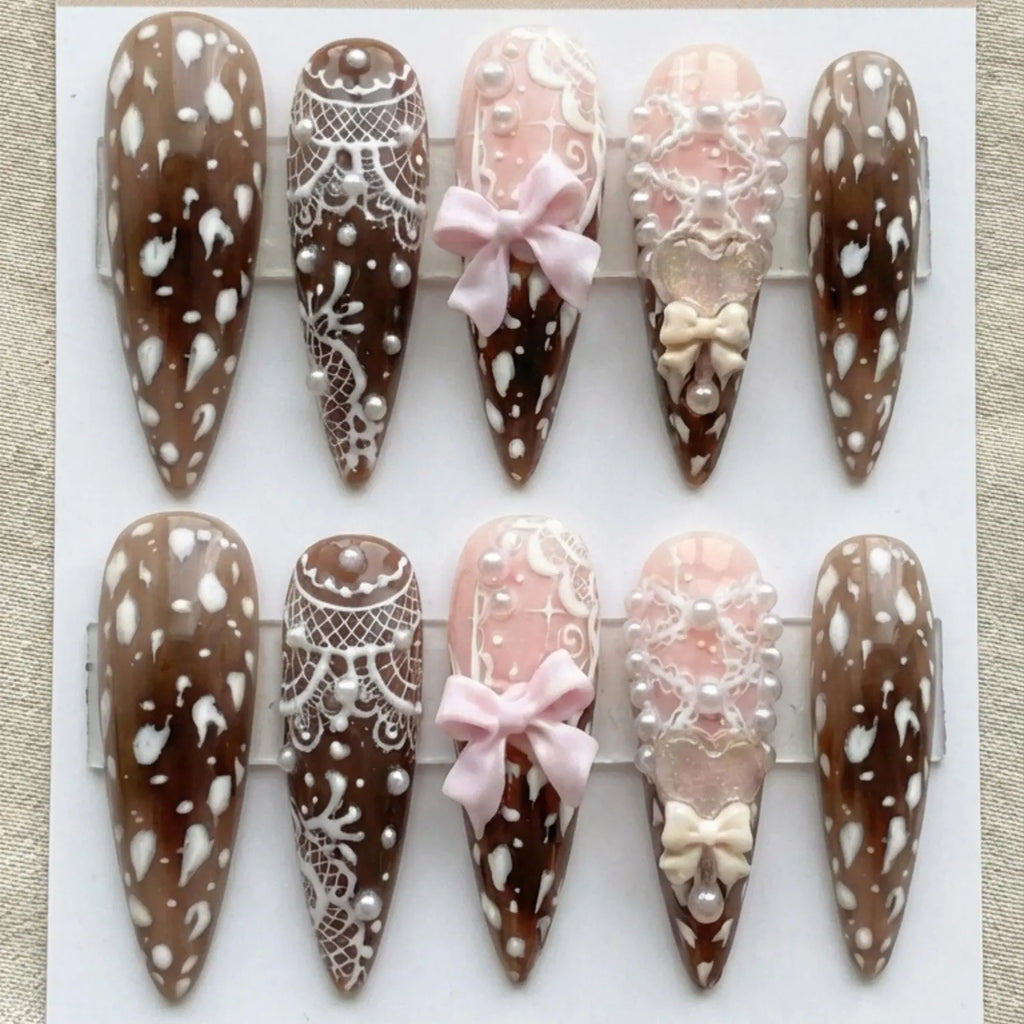 Bambi-core Deer Print Press On Nails| Luxury Coquette Fawn & Lace Design