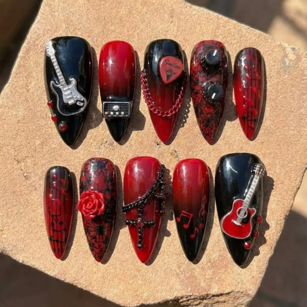 3D Rock N Roll Press On Nails, Gothic Guitar Nail Art