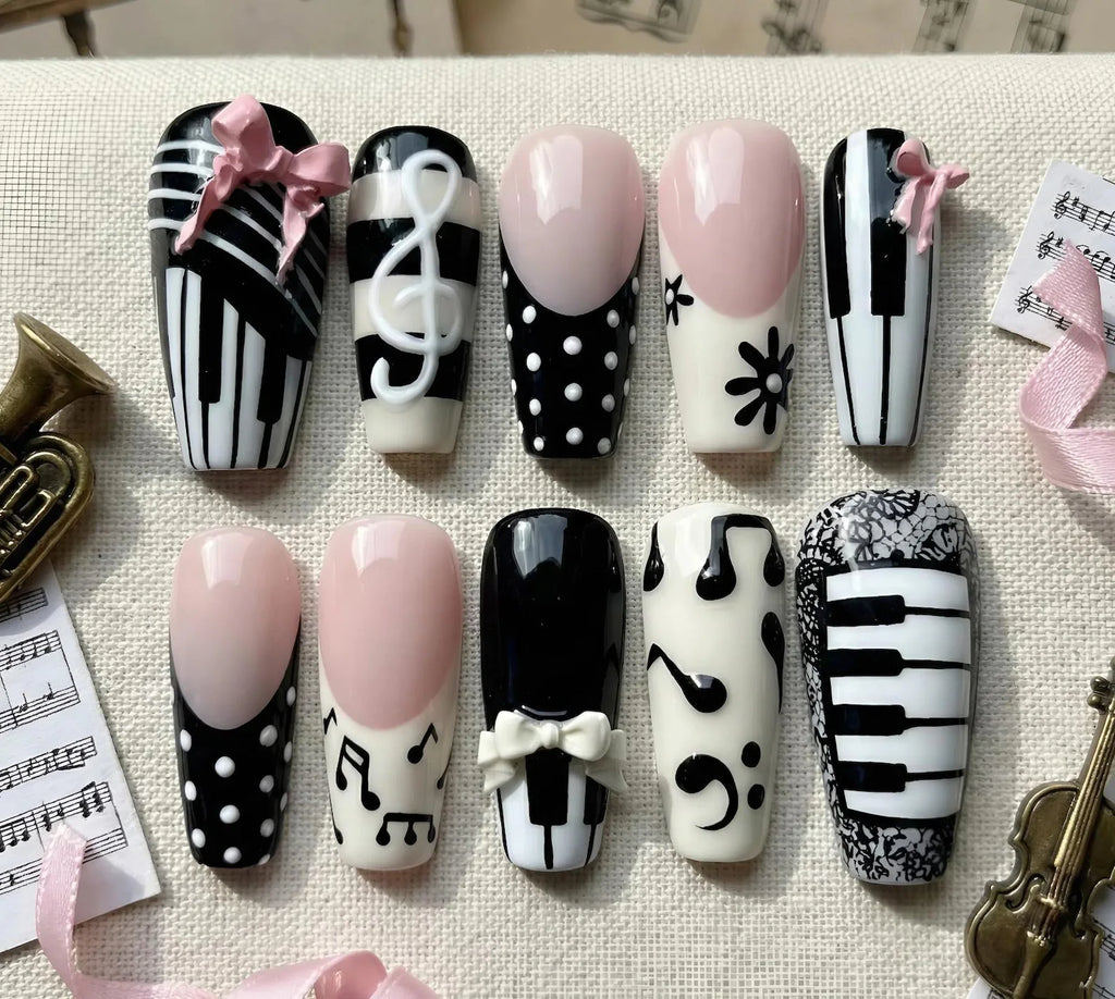 Piano Music Press On Nails, Black White Musical Notes, 3D Bow Design
