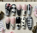 Piano Music Press On Nails, Black White Musical Notes, 3D Bow Design