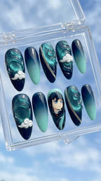 Handmade Anime Press On Nails | Teal Ombre, 3D Cloud Design