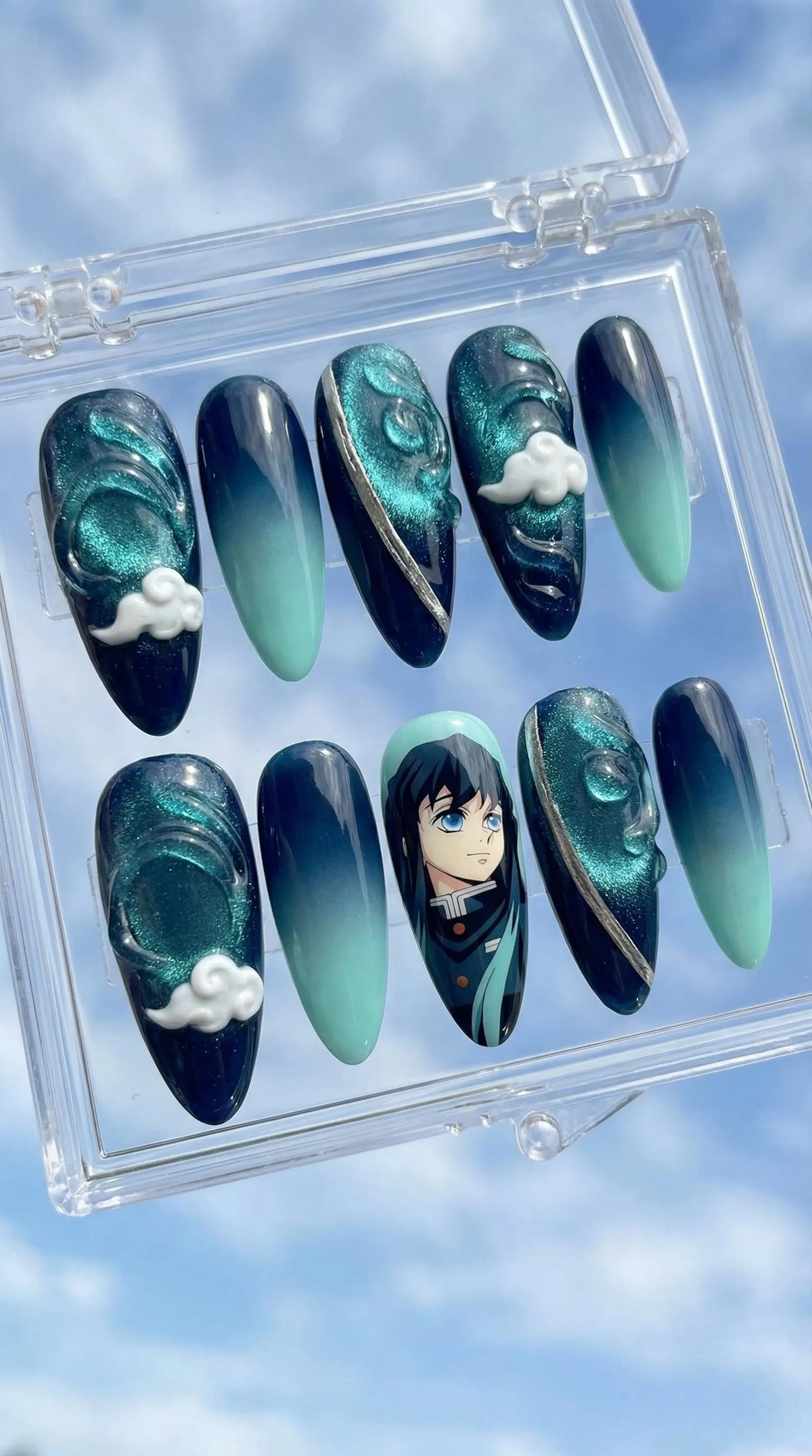Handmade Anime Press On Nails | Teal Ombre, 3D Cloud Design