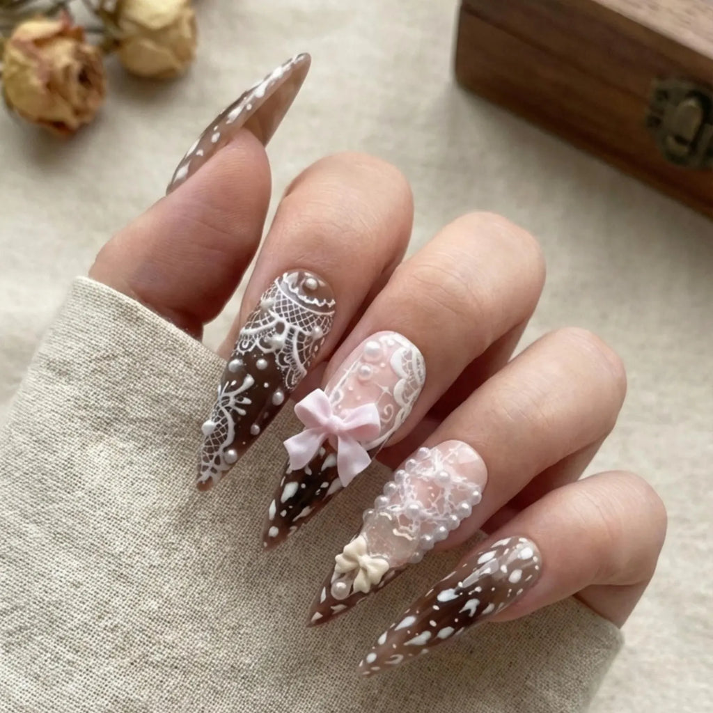 Bambi-core Deer Print Press On Nails| Luxury Coquette Fawn & Lace Design