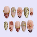 Spring Mocha Bloom Press On Nails | Gold Sculpted Floral & Leopard Accent | Medium Almond Handmade Nails Art