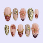Spring Mocha Bloom Press On Nails | Gold Sculpted Floral & Leopard Accent | Medium Almond Handmade Nails Art