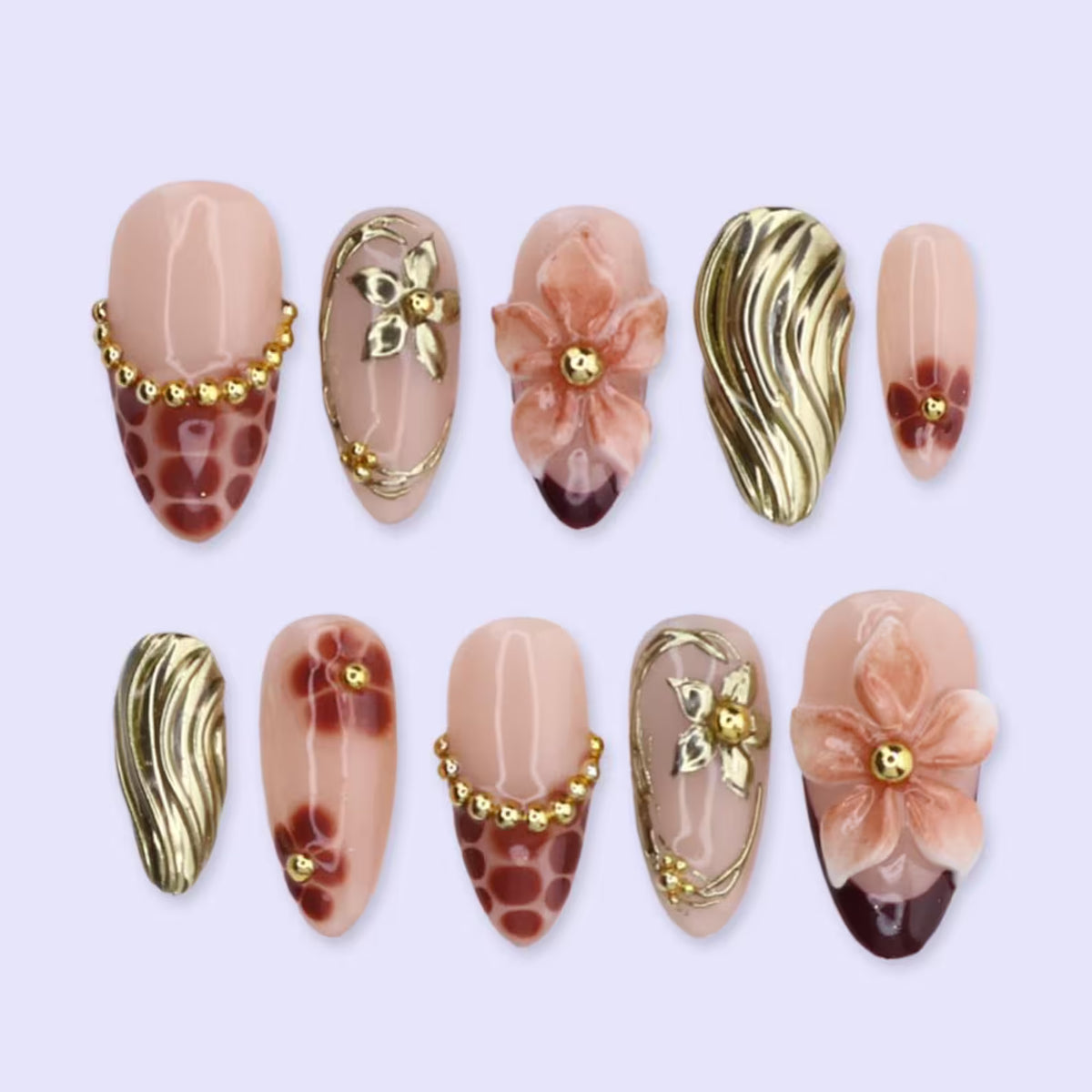 Spring Mocha Bloom Press On Nails | Gold Sculpted Floral & Leopard Accent | Medium Almond Handmade Nails Art