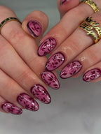 Hand-Painted Plum Floral Vintage Almond Press On Nails | Dark Burgundy Botanical Luxury Fake Nails | Elegant Dark Red Nail Art | Press Ons