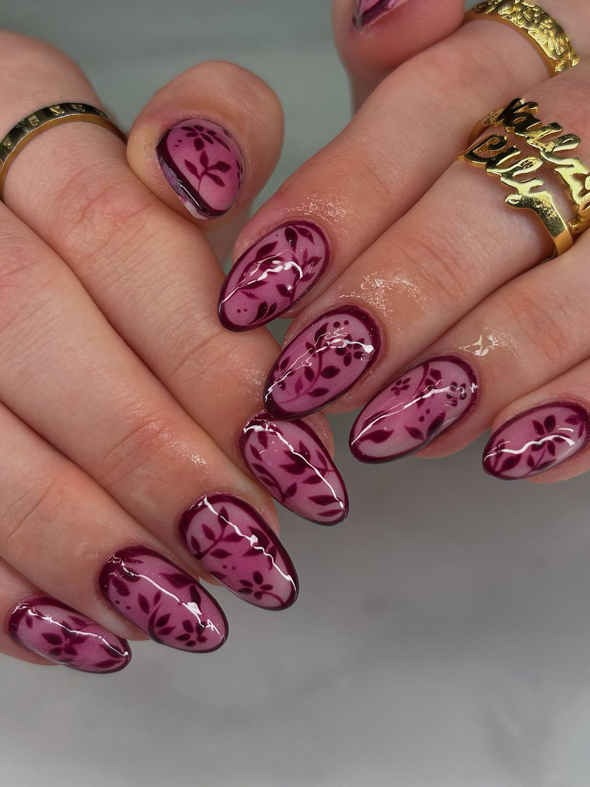Hand-Painted Plum Floral Vintage Almond Press On Nails | Dark Burgundy Botanical Luxury Fake Nails | Elegant Dark Red Nail Art | Press Ons
