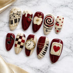 Vintage Music & Cherry Press On Nails | 3D Piano Strawberry Clock Heart Design | Red Cream Retro Handmade Set