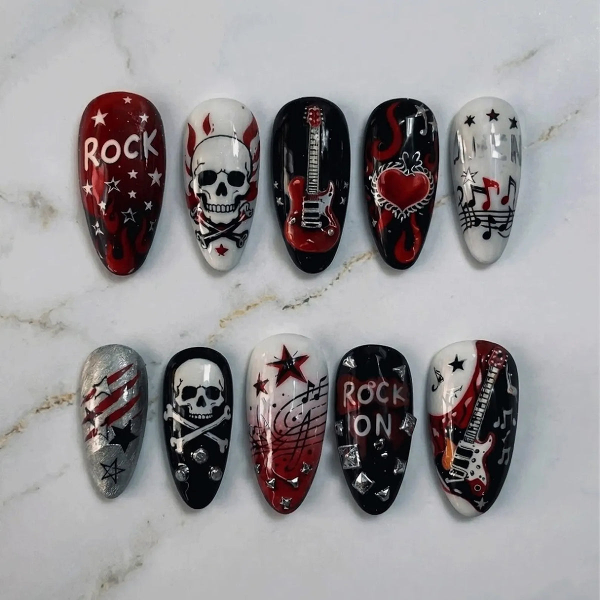 Rock Music Press On Nails | Red Black Guitar Nail Art | Punk Skull Rocker Nails | Star Music Note Nails | Handmade Bold Statement Nails