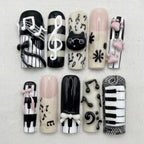 Kawaii Piano Keyboard Press On Nails | Black White Music Notes Nails | 3D Cute Cat Nails | Handmade Music Lover Nail Set