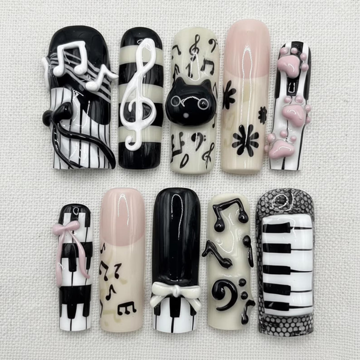 Kawaii Piano Keyboard Press On Nails | Black White Music Notes Nails | 3D Cute Cat Nails | Handmade Music Lover Nail Set