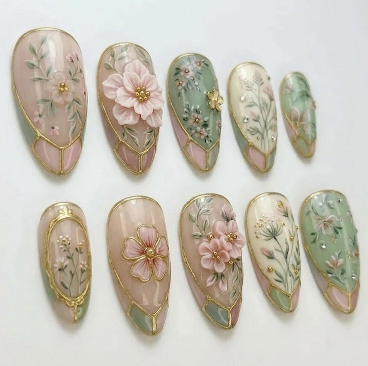 Handmade Floral Press On Nails, Elegant Botanical Nail Set, Gold Outline Pastel Flower Nails, 3D Garden Inspired Nails