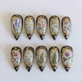 Handmade Black Gold Press On Nails | Vintage Botanical Flower Frame | Almond Nails for Victorian Antique Style Nails
