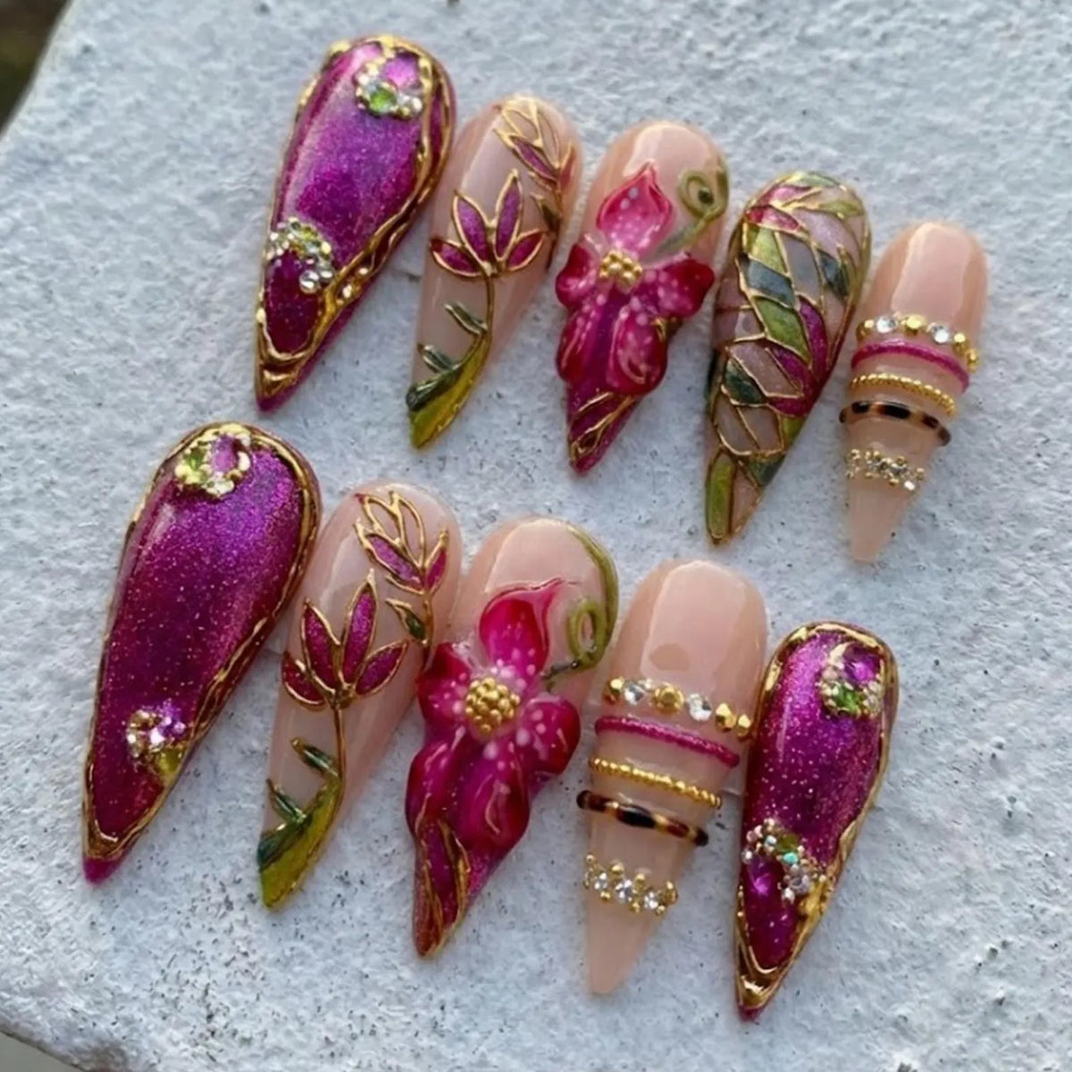 Handmade Magenta Stained Glass Press On Nails | 3D Gold Chrome Floral & Jewelry Art | Bollywood Indian Wedding Fake Nails