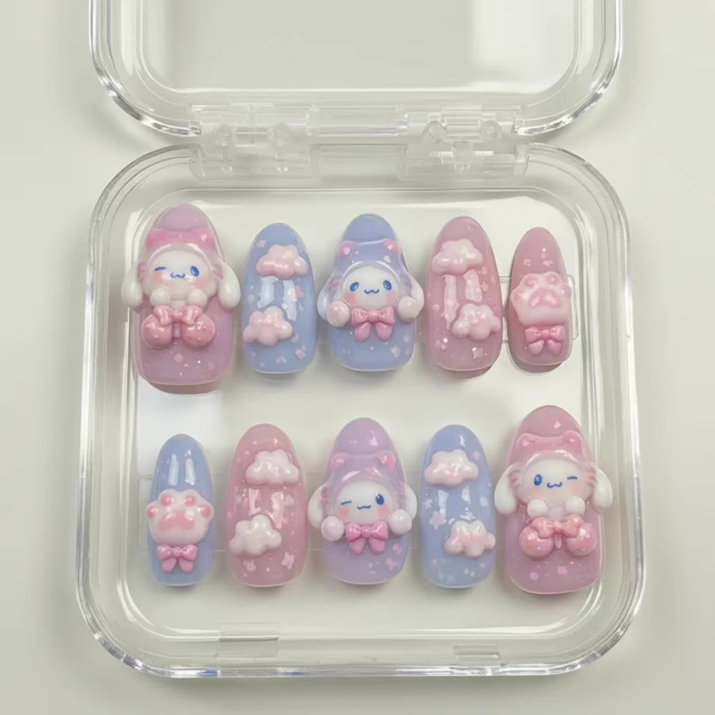 Kawaii Pastel Pink Blue 3D Nails with Bow & Cloud, Cute Fake Nails