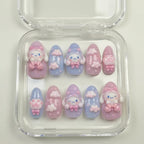 Kawaii Pastel Pink Blue 3D Nails with Bow & Cloud, Cute Fake Nails