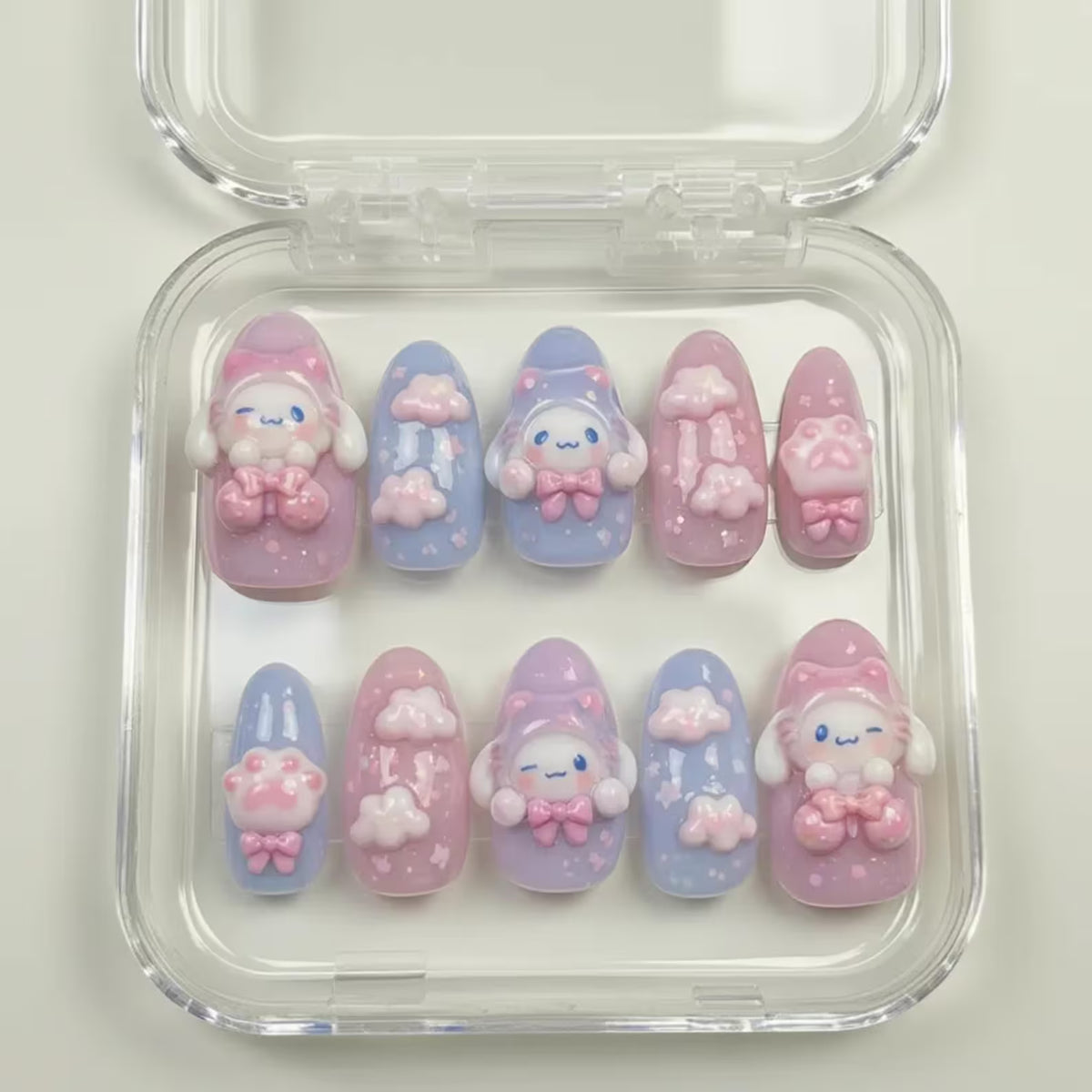 Kawaii Pastel Pink Blue 3D Nails with Bow & Cloud, Cute Fake Nails