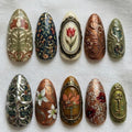 Vintage Floral Press On Nails | Art Nouveau Gold Frame Botanical Nails | Antique Elegant Handmade Nail Set