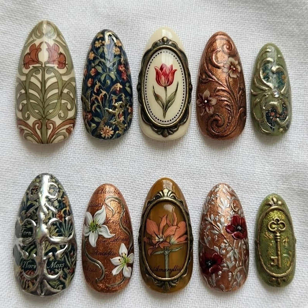 Vintage Floral Press On Nails | Art Nouveau Gold Frame Botanical Nails | Antique Elegant Handmade Nail Set