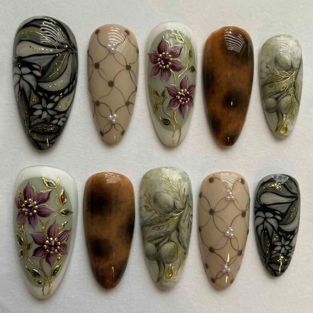 Handmade Vintage Floral Press On Nails | Olive Branch, Marble & Gold Line Art Design | Almond Nails for Elegant Earthy Aesthetic