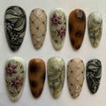 Handmade Vintage Floral Press On Nails | Olive Branch, Marble & Gold Line Art Design | Almond Nails for Elegant Earthy Aesthetic