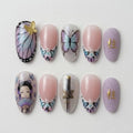 Handmade Demon Slayer Shinobu Kocho Butterfly French Press On Nails, 3D Art, Almond Shape