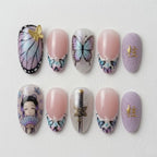 Handmade Demon Slayer Shinobu Kocho Butterfly French Press On Nails, 3D Art, Almond Shape
