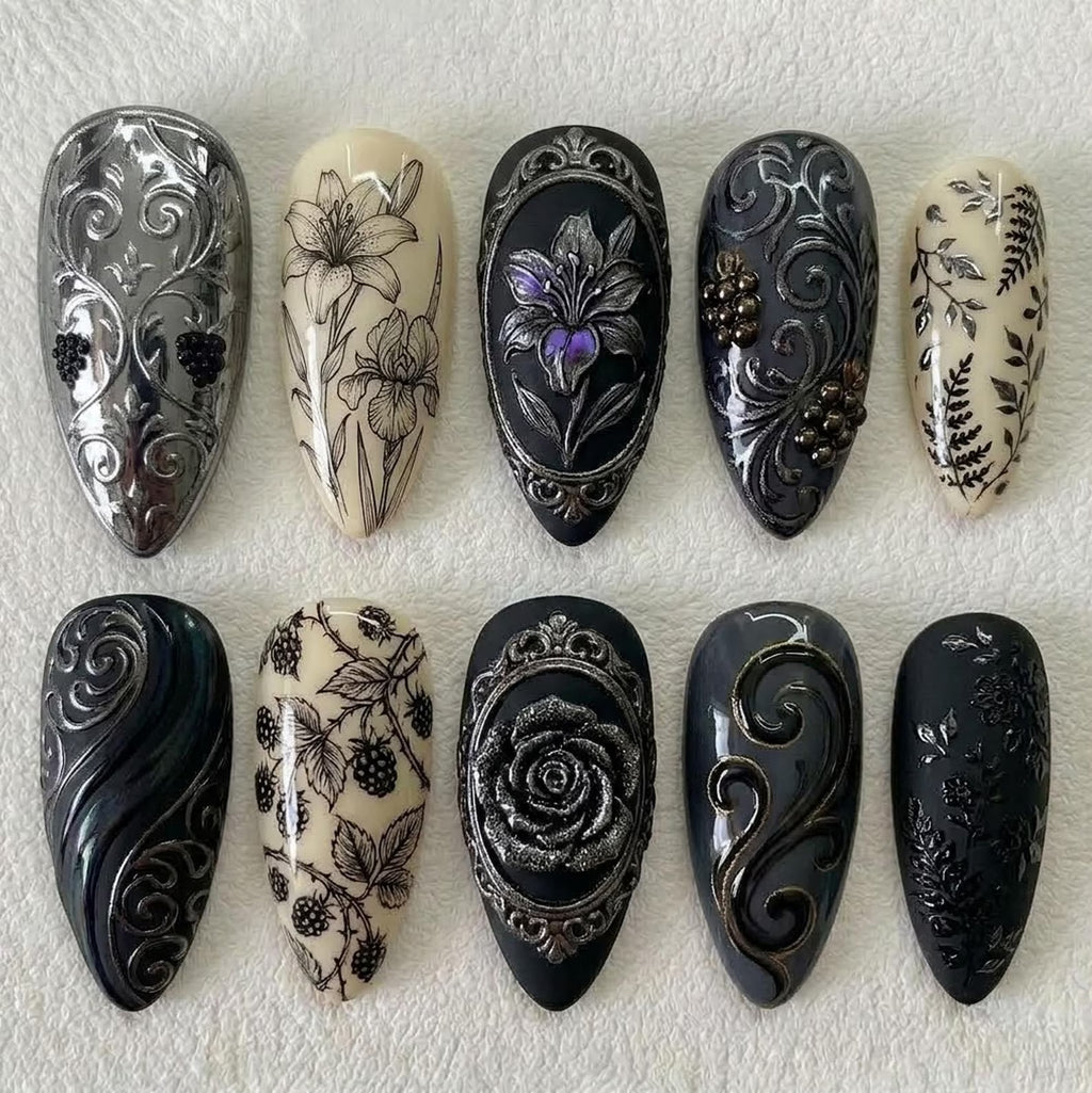 Handmade Gothic Vintage Press On Nails | 3D Black Floral & Ornate Frame Art | Dark Elegant Almond Set