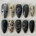 Handmade Gothic Vintage Press On Nails | 3D Black Floral & Ornate Frame Art | Dark Elegant Almond Set