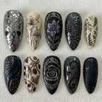 Handmade Gothic Vintage Press On Nails | 3D Black Floral & Ornate Frame Art | Dark Elegant Almond Set