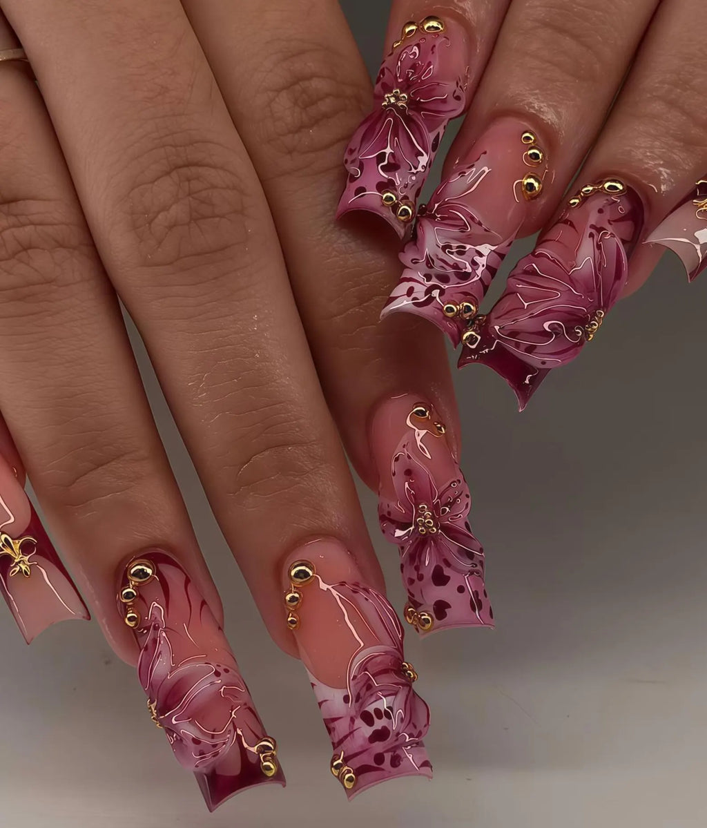Custom Press On Nails Pink Floral & Gold Bead Design 3D Flower Art Acrylic False Nails Long Almond Shape Nail Set Elegant Marbled Nail Art
