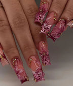 Custom Press On Nails Pink Floral & Gold Bead Design 3D Flower Art Acrylic False Nails Long Almond Shape Nail Set Elegant Marbled Nail Art